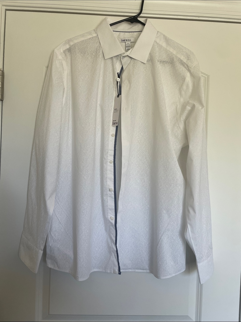Bar III White Button-Down Shirt with Navy Placket Trim